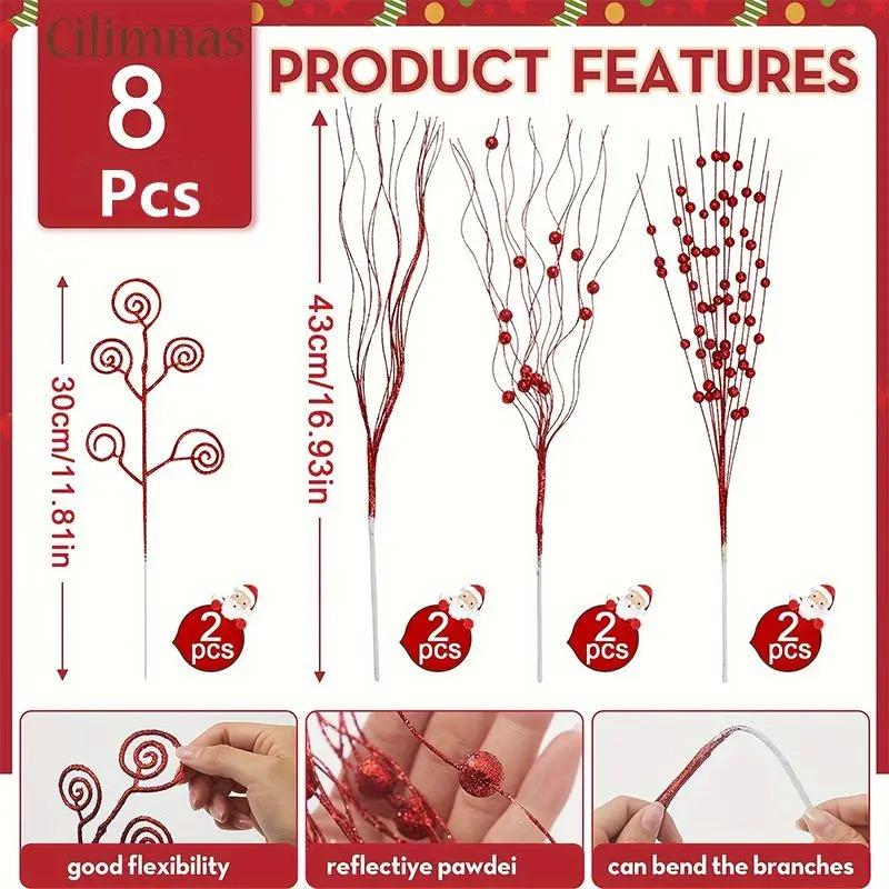 

Artificial Berrys Stem Christmas Decoration Glitter Xmas Tree Hanging Home Flower Bouquets Decor DIY Wreath Gift Accessories 8Pcs красный