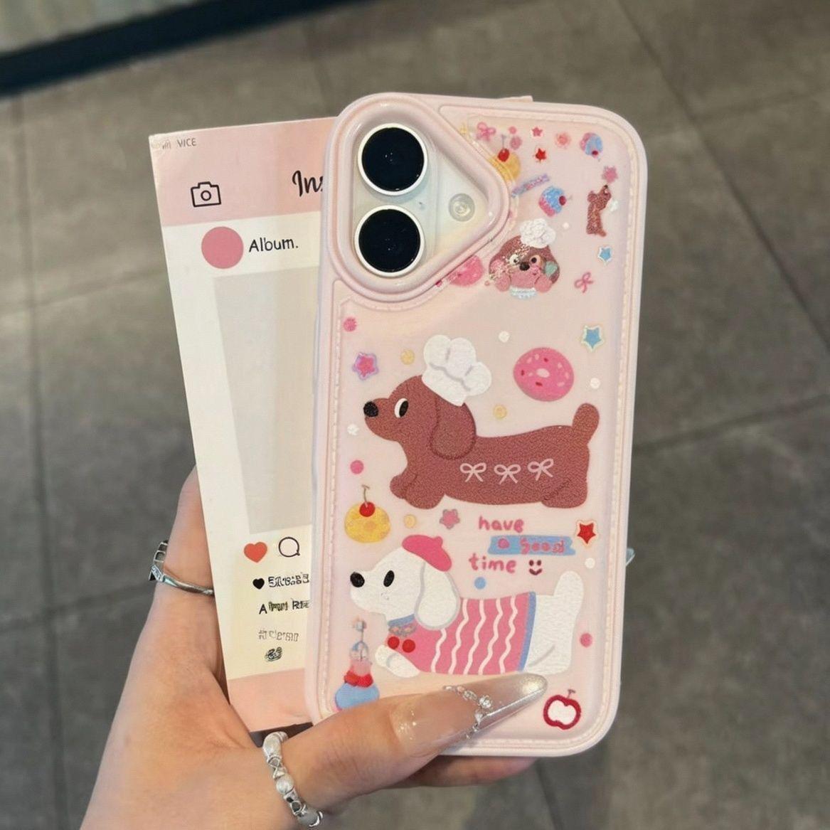 

Apple 13-17 Pro Max Pink White Soft Case - Dessert Sausage Dog Design, Drop-Proof, 15p Cute Apple 15 Pro