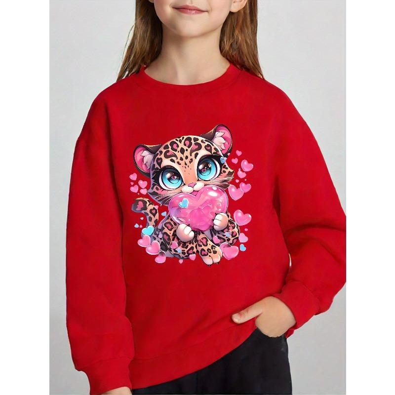Kids Unisex Crewneck Sweatshirt, Cute Pink Heart Leopard Cub Cartoon Print Long Sleeve Pullover, Soft Kids Sweatshirt For Boys Girls Over 4 Years Old