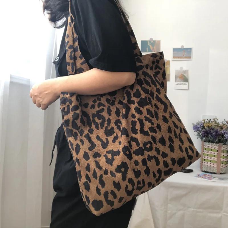 Simple Commuter Women's Vest Handbags Leopard Pattern Corduroy Female Large Tote Bag Casual Retro Ladies Cott Shoulder Bags