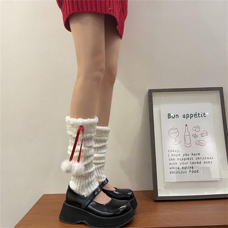 Women Winter Ribbed Knit Leg Warmer Stockings Y2K Harajuku Furry Trim Plush Ball Bow Christmas Leg Cover Long Boot Socks