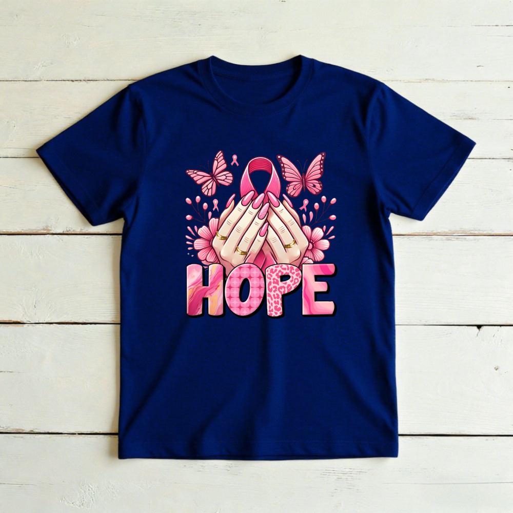 Hope Floral Nails Butterfly Pink Ribbon Graphicunisex Summer Cotton T Shirt Positive Breast Cancer Short Sleeve Basic Tee