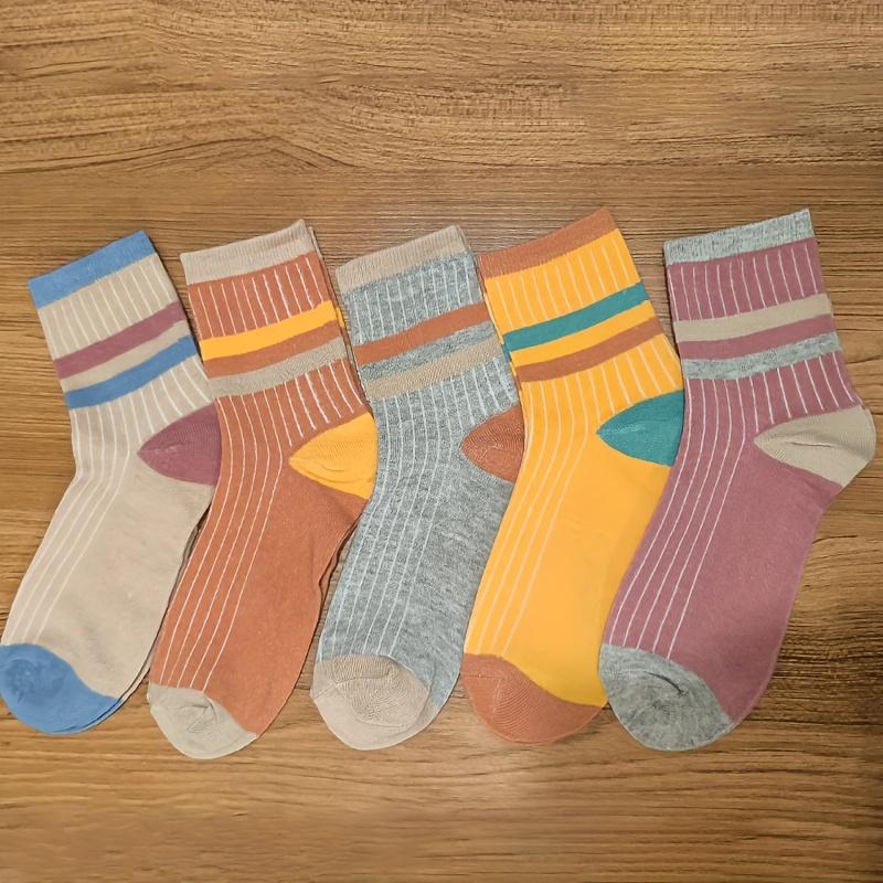 

5 pairs of colorful striped socks, casual, comfortable and warm mid length socks, suitable for autumn and winter one-size