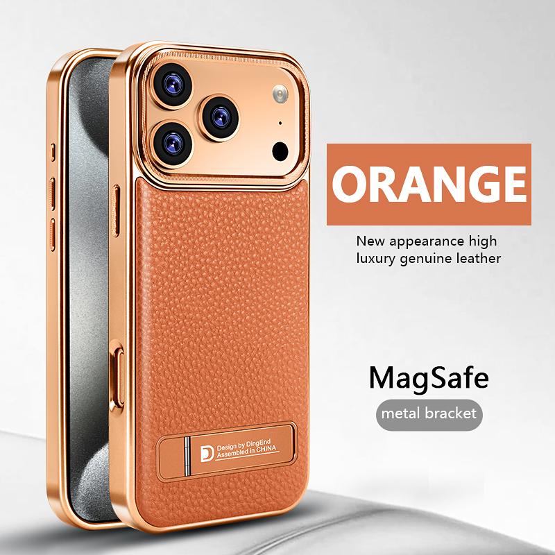 Plating Magnetic Leather Case For iPhone 17 Pro Max Funda iPhone 16 Pro Max 15 14 13 Luxury Folding Bracket Shockproof Phone Holder Cover