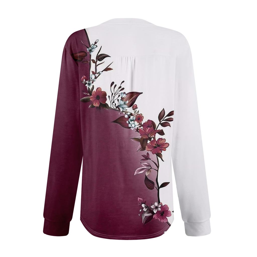 Women's Fashion Puff Sleeves Pleated V Neck Floral Print T-Shirt Tunic Top