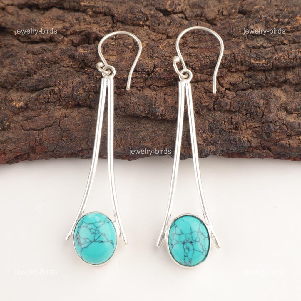 Oval Blue Turquoise Stone Hook Drop Dangle Earrings Jewelry 925 Sterling Silver EE-136-33