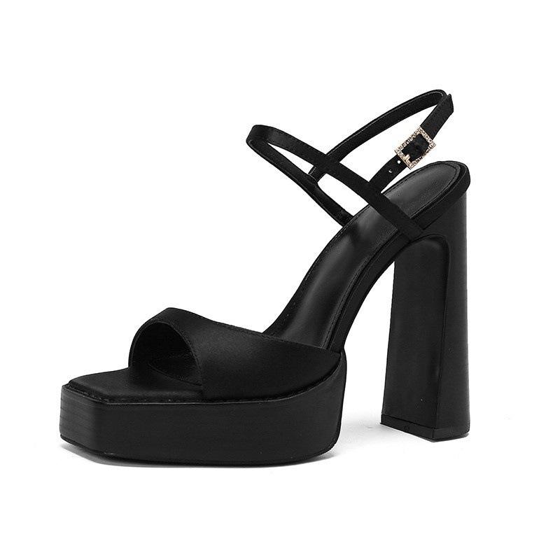 Zhao Ruth~ Sexy Thick-soled Waterproof Table Sandals for Women's Summer Super High-heeled Satin Thick-heeled Black High-heeled Shoes for Women