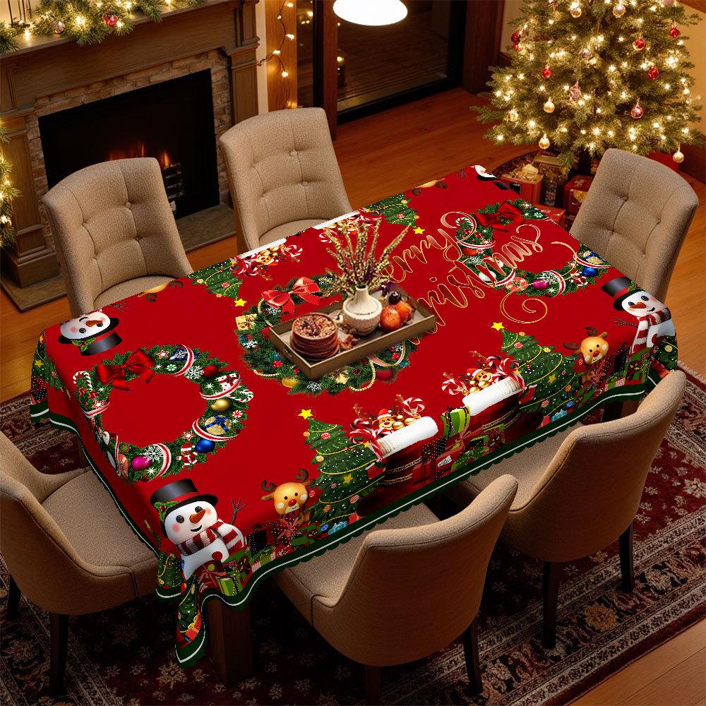 Christmas Tablecloth Waterproof, Snowman Reindeer Christmas Tree Print, Rectangular Dining Table Coffee Table Cloth Light Luxury