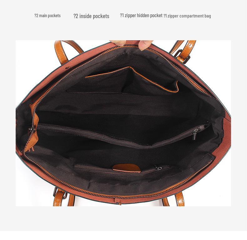 Genuine Leather Large Capacity Women's Tote - Fashion Oil Wax Cowhide Handbag & Shoulder Bag