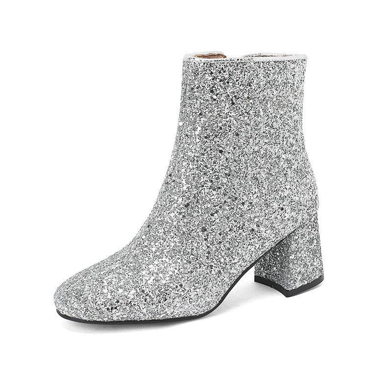Women's Short Boots Autumn and Winter Grit Metal Sequins Women's and Ankle Boots Gold Silver Thick Heel High Heel Round Head Women's Short Boots
