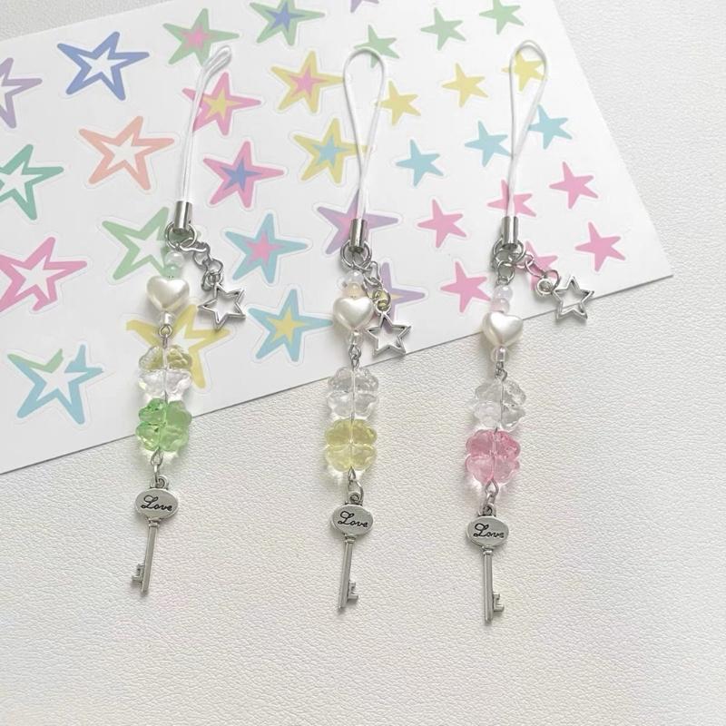 Handmade Beaded Lanyard Cute Phone Chain Beads Phone Pendant Four Leaf Clovers Shape Phone Jewelry for Phones Key and Bag