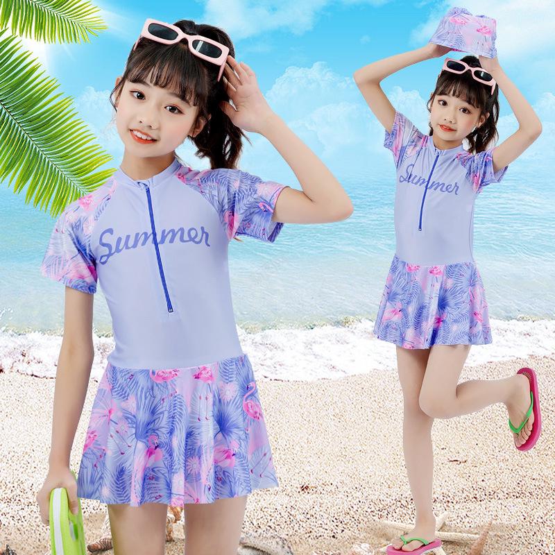 Women's One-Piece Swimsuit with Chest Pads and Swim Cap - Suitable for Students, Children, Hot Springs, and Beach Wear.