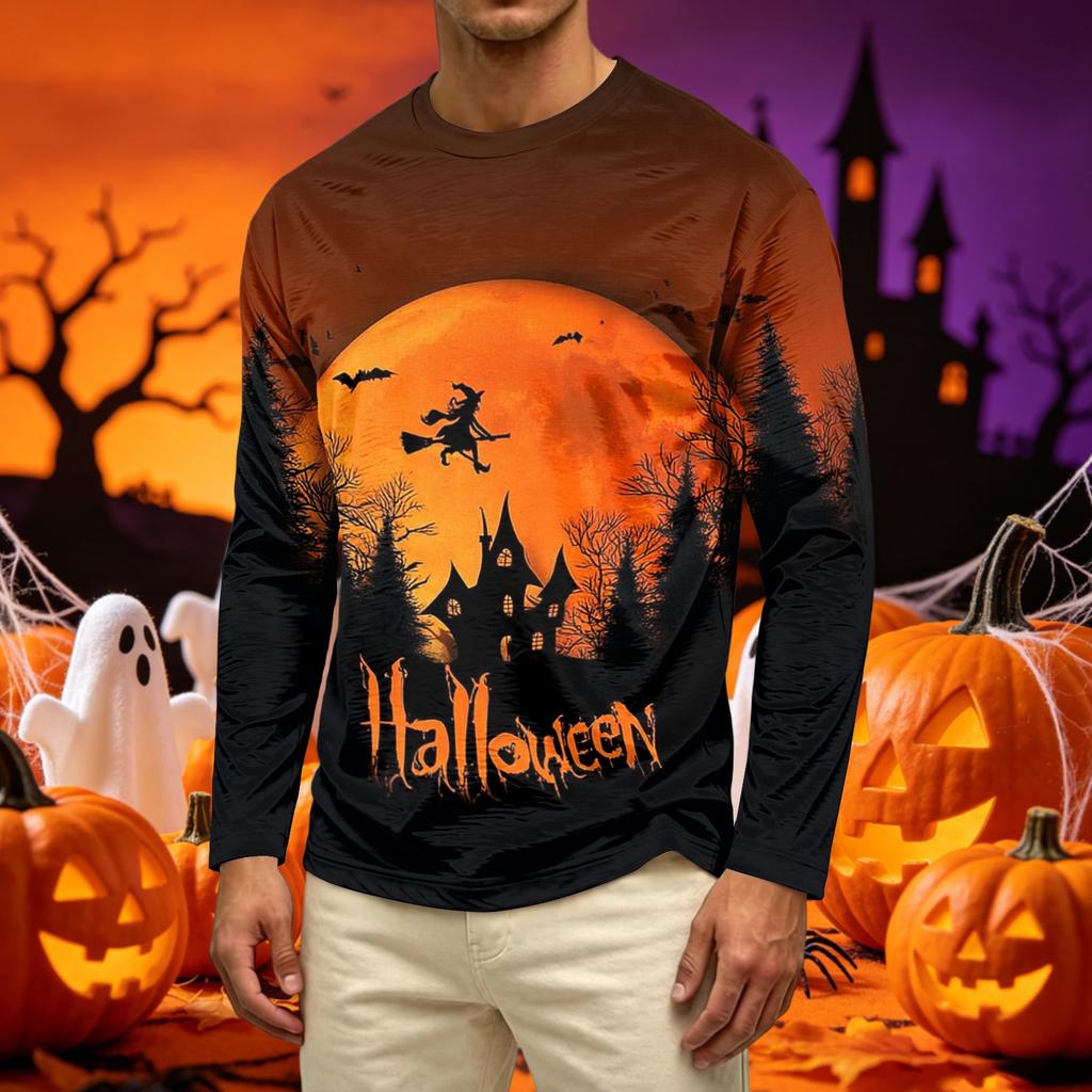 Men's Casual Long Sleeve Crew Neck T-Shirt with Pumpkin and Floral Print Comfortable Fit Lightweight Fabric Suitable for Daily Wear