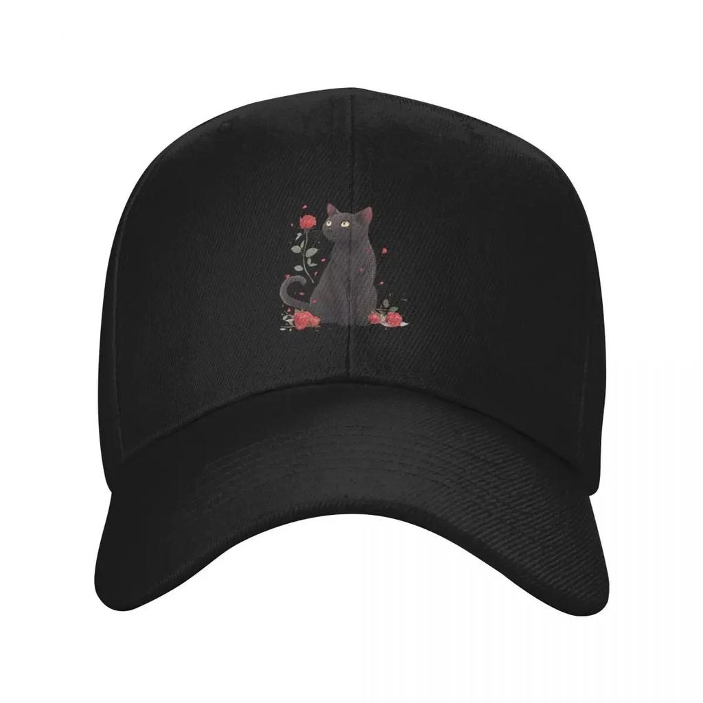 New Black Cat with Rose Baseball Cap Luxury Caps Beach Snap Back Hat Unisex Womens