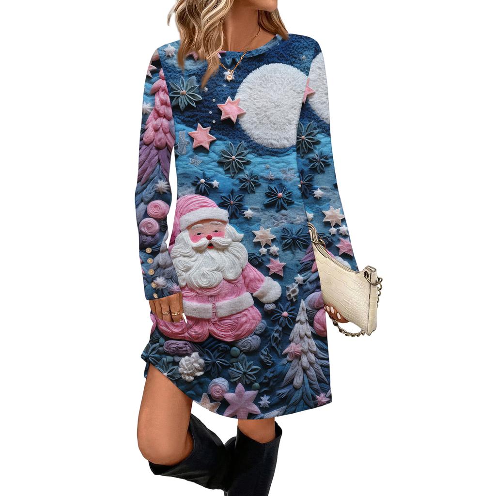 Women's Fashion Casual Dress With Pockets, Decorative Buttons, Christmas Prints, Round Neck And Long Sleeves