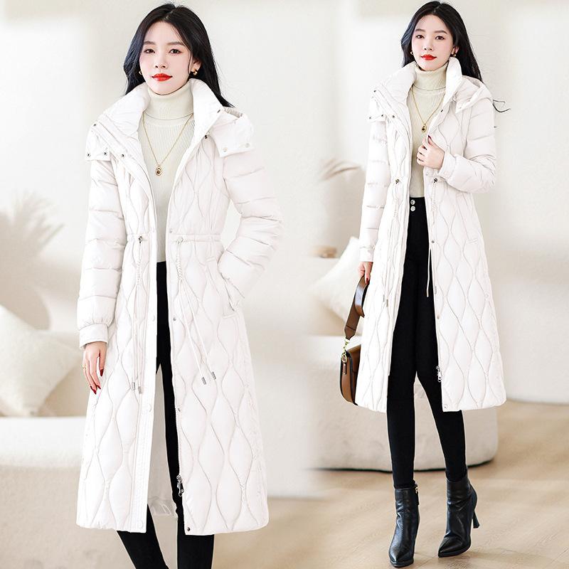 Women Hooded Quilted Long Puffer Coat Drawstring Waist Winter Jacket