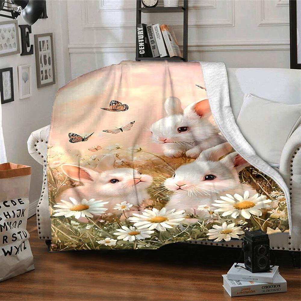 1 manta de conejos y flores Ligera Manta de franela para sofá cama Viaje Camping Sala de estar Oficina Sofá Silla