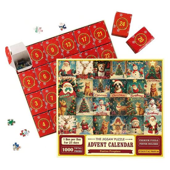 1000Pcs/Set Christmas Jigsaw Puzzle Advent Puzzle 2025 24 Days Educational Puzzle Xmas Countdown Calendar Decoration Holiday Party Gift
