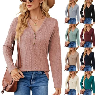 2023 Women's V-Neck Button Long-Sleeve Solid Color Loose T-Shirt for Autumn/Winter.