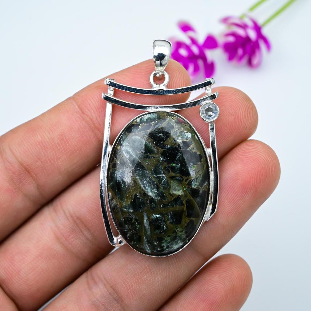 Kupfer Seraphinit, Weißtopaz Anhänger, 925 Sterlingsilber Edelsteinschmuck, Handgefertigter Anhänger, Für Thanksgiving