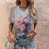 Sommer Dame T-skjorte Blomstertrykk Casual Kortermet 3d T-skjorter Mote Streetwear V-hals Pullover Oversized Dameklær