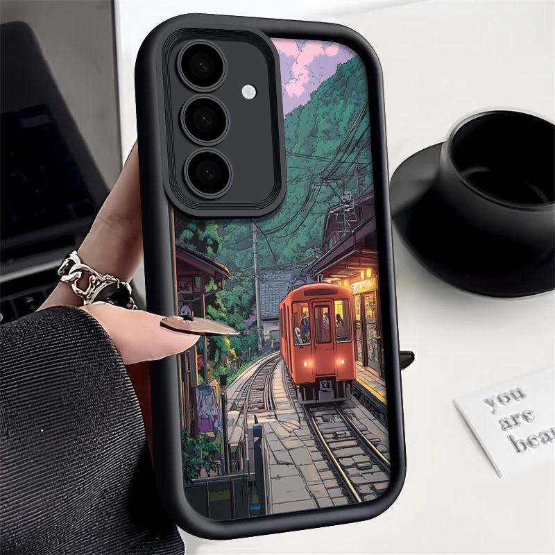 

Матовый чехол с рисунком снежного горного поезда для Smausng S24 FE S23 Ultra S22 S21 A16 A15 A55 A35 A54 A34, защита линз, противоударный мягкий чехол из ТПУ для телефона Samsung S23 Ultra чёрный