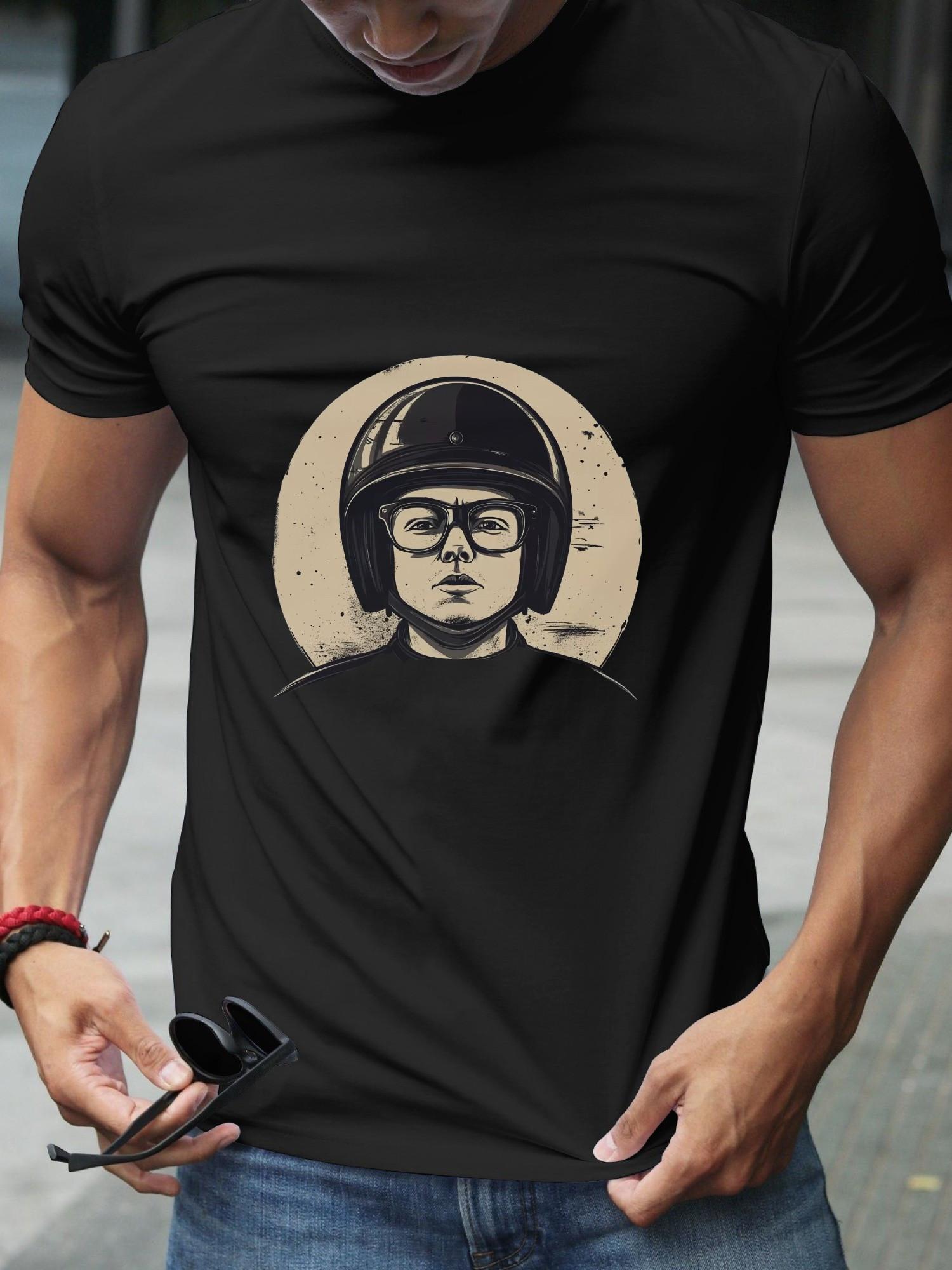 

Casual Distressed Helmet Graphic T-shirt - 180g Cotton Crew Neck Short Sleeve Tee with Geometric Print M