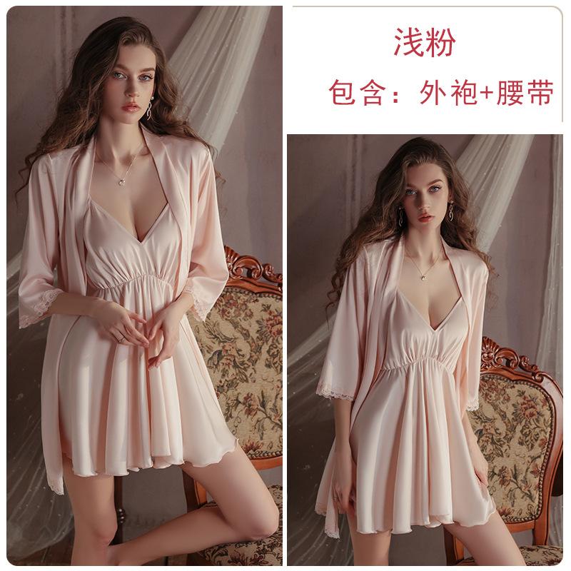 Women's Silky Satin Low Cut Comfy Sleep Dress with Robe Lounge Set