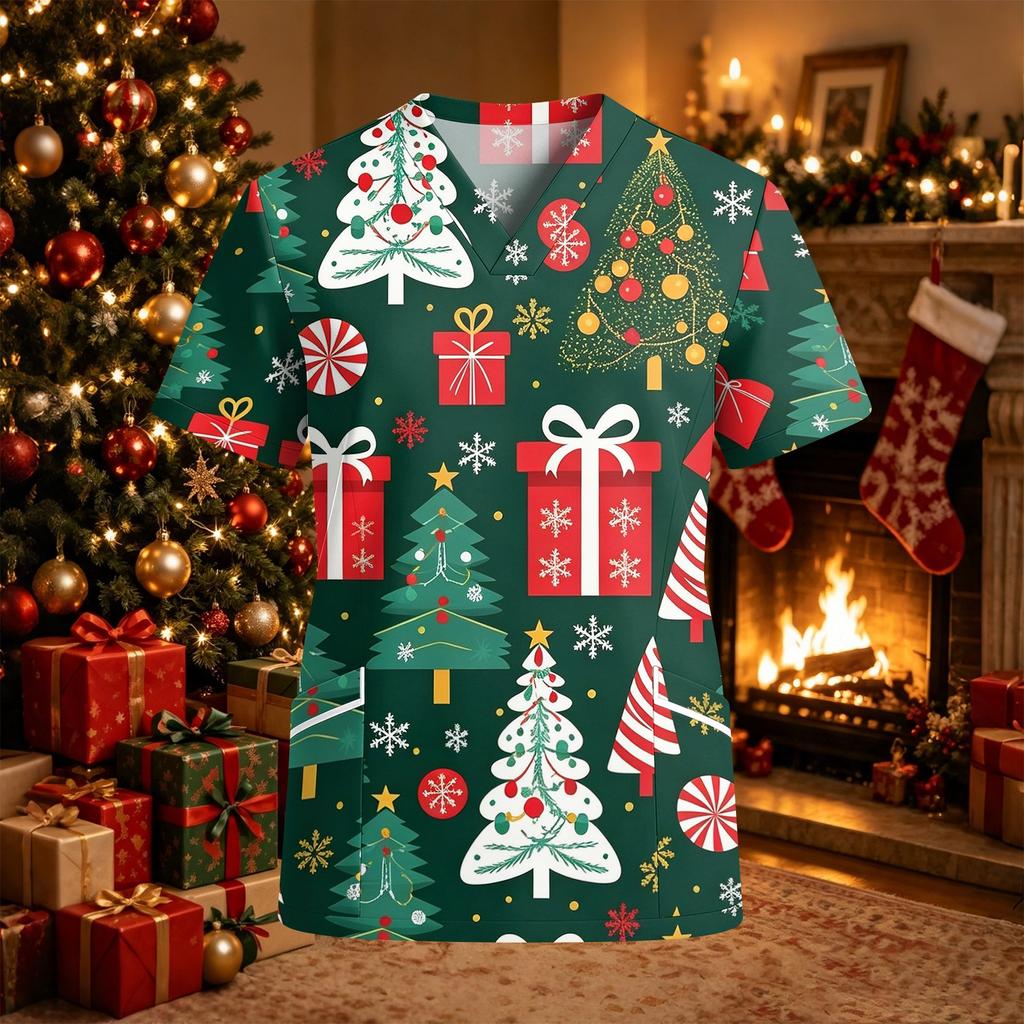 Women's Christmas Print Scrub Top V-Neck Short Sleeve Loose Fit with Pockets