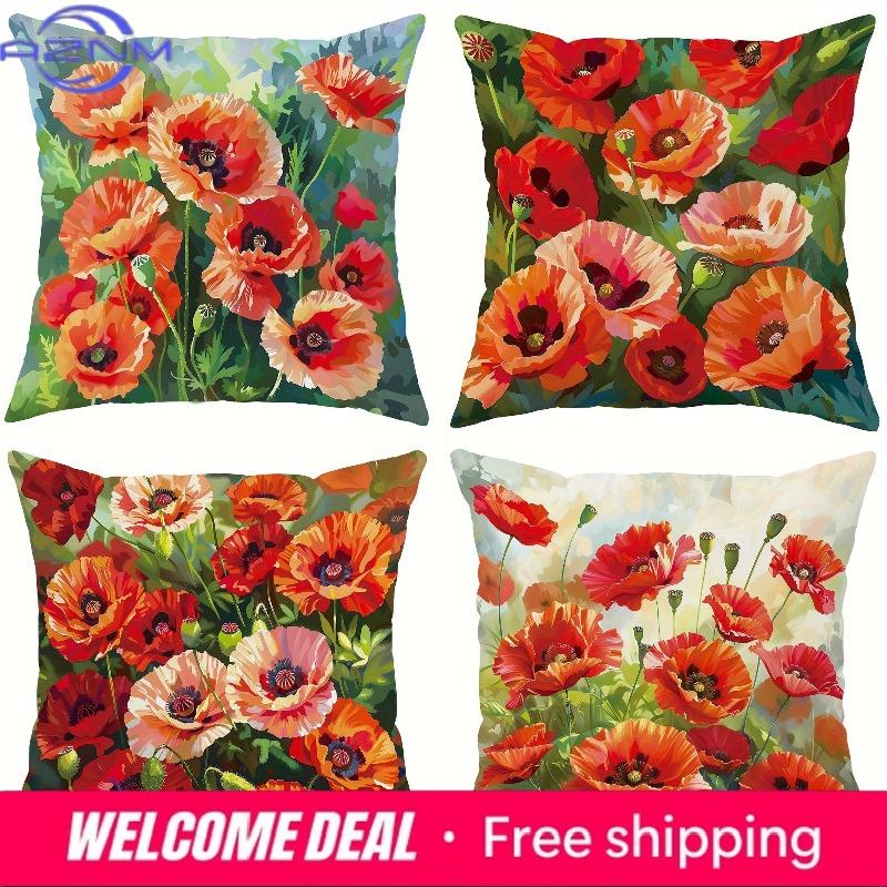 Home Decor Colorful Poppy Flower Pillow Covers For Home Pattern Cushion Cover Suitable For Sofa Bedroom Car Pillow Cover