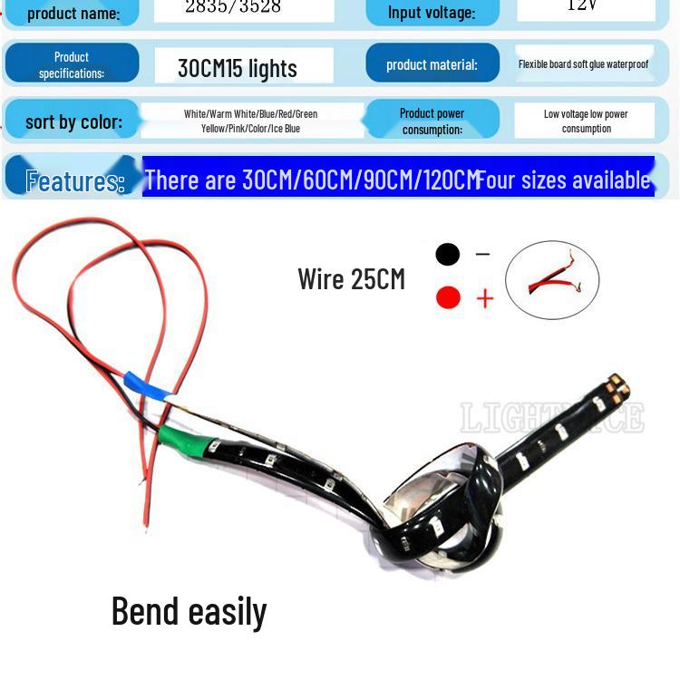 3528 1210 SMD LED Flexible Light Strip for Cars, 30CM-120CM, 12V, 15-120 SMD
