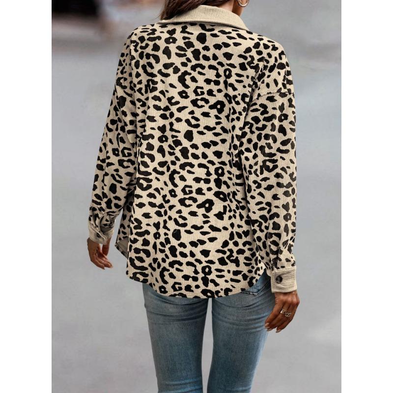 Plus Size Leopard Print Button-Up Jacket with Long Sleeves for Autumn/Winter