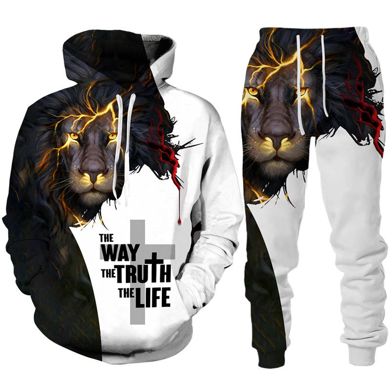 Spring Autumn Fashion Casual Men's Hoodies Set 3D Animal Lion Cross Printing Sweatshirts Sweatpants 2 Piece Set Men Clothing Suit