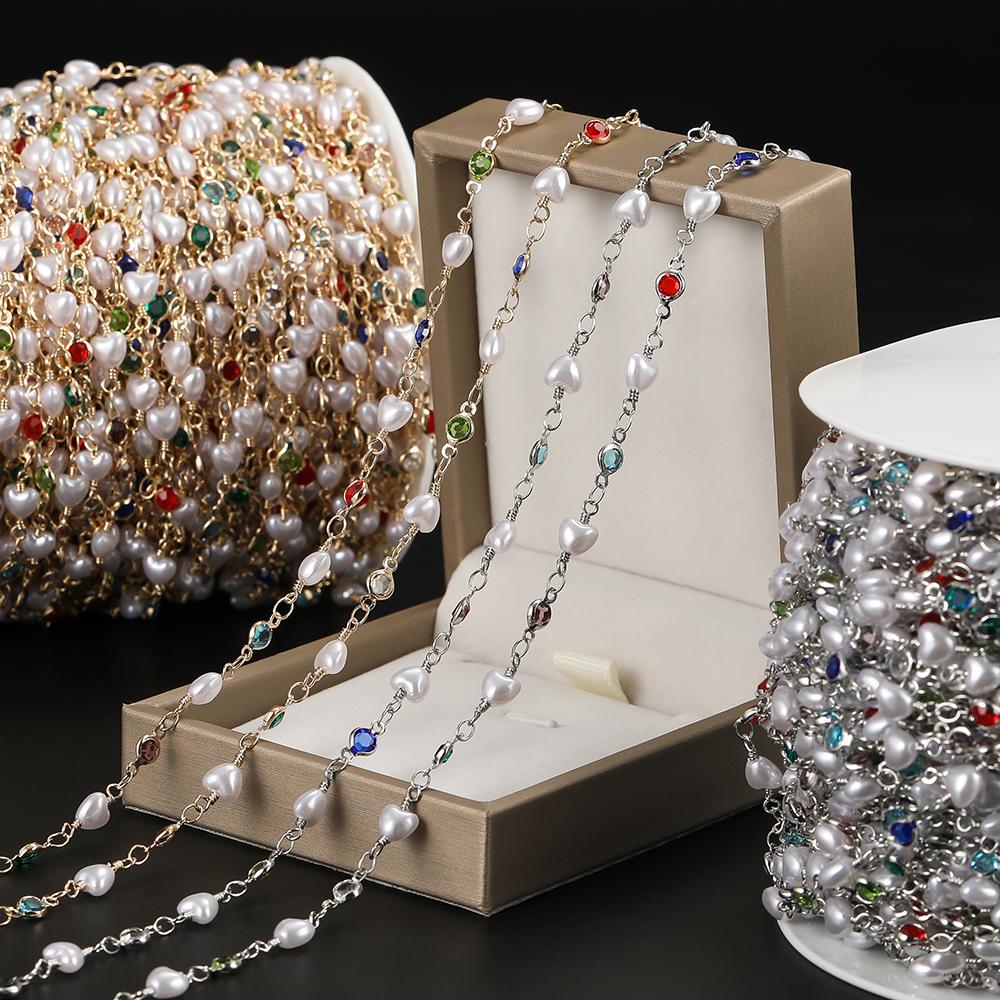 1m Copper Beaded Chain With Heart Shaped Artifical Pearls for Handmade DIY Necklace Bracelet Ankle Chains Jewelry Making Chain