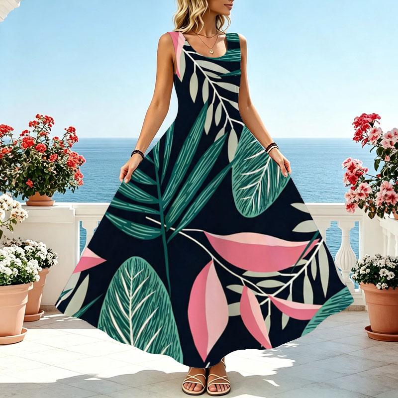 Sleeveless Bohemian Flowy Maxi Dress Lightweight Tropical Plants Print,Flattering Summer Vacation Casual Dress