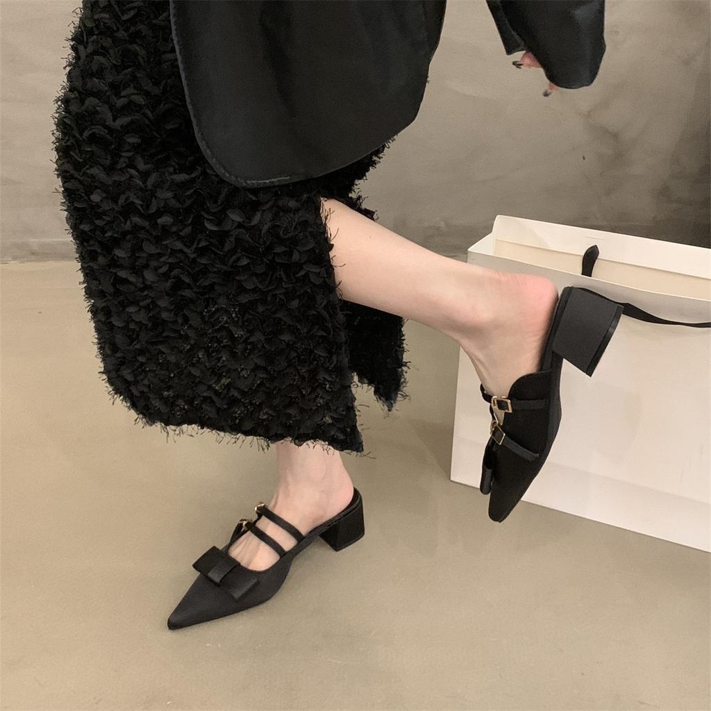 French temperament bag head half slippers outer wear 2025 summer new fairy style bow high heel single shoes women's shoes