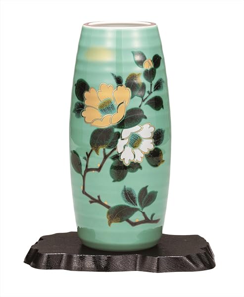 Kutani Ware Iwataya 8.5" Vase with Gold and Silver Camellia (with Stand) K9-1320