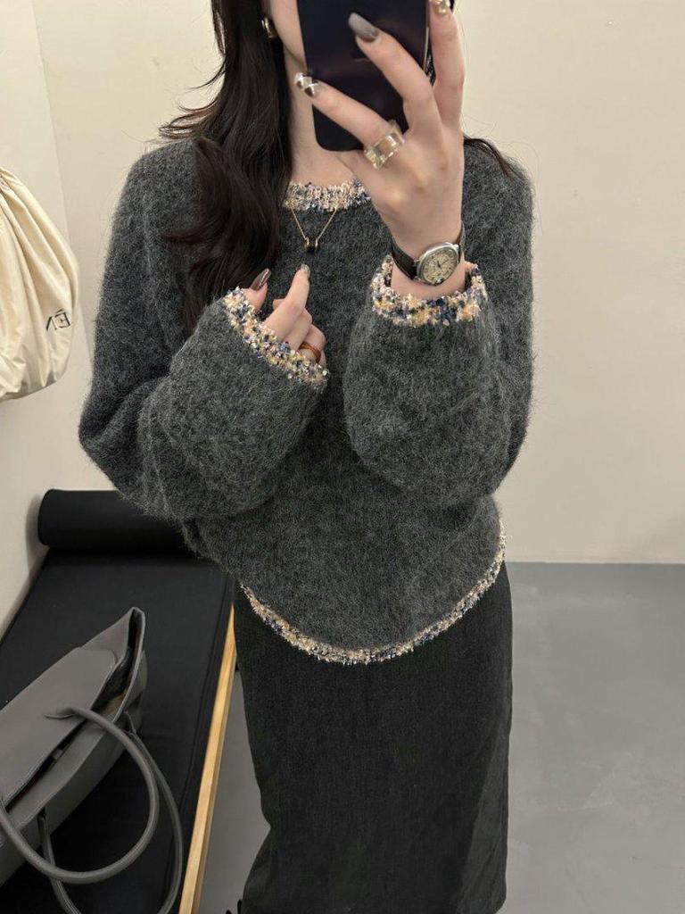 Rundhalsad pullover i koreansk stil: Enkel, Figurnära, Löst stickad tröja för höst & vinter