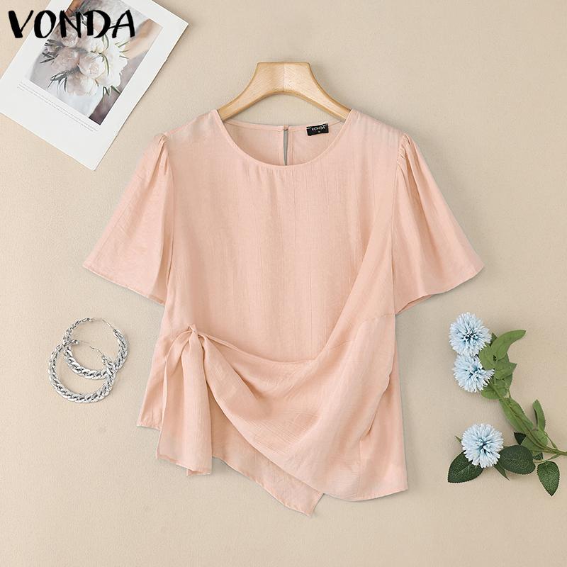 VONDA Women Casual Short Sleeve Solid Semi-Sheer Side Twisted Loose Blouse