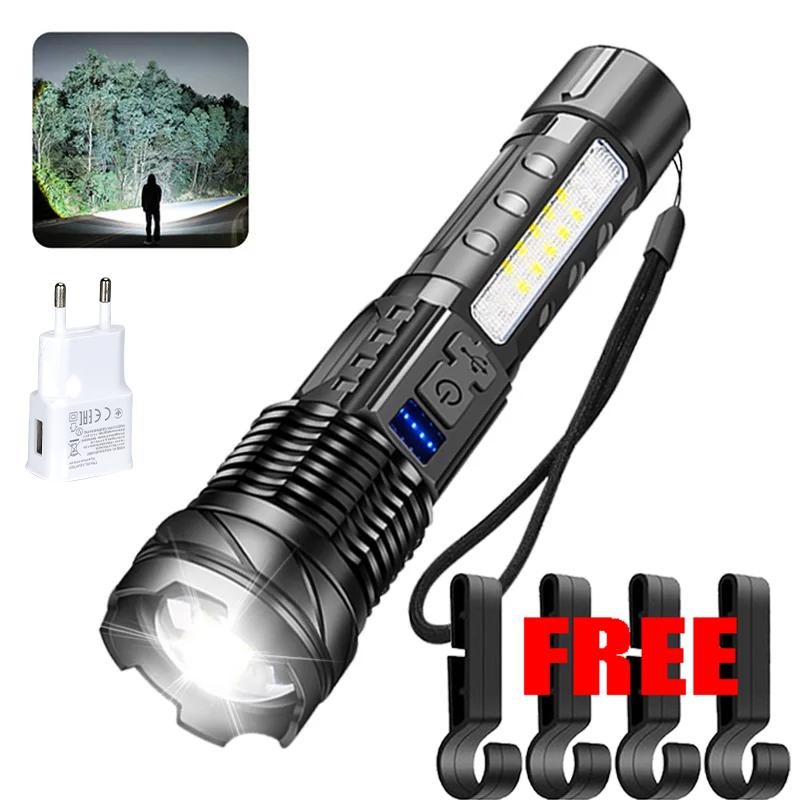 High Powerful LED Flashlight Rechargeable Waterproof Torch with Side Light 7 Modes Zoomable Lamp for Camping Fishing Lantern