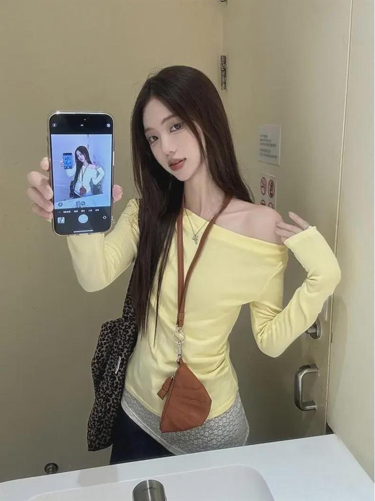 Gelbes schulterfreies, zweiteiliges, schmales Langarm-Top mit Spitzennähten für Damen – Herbstmode