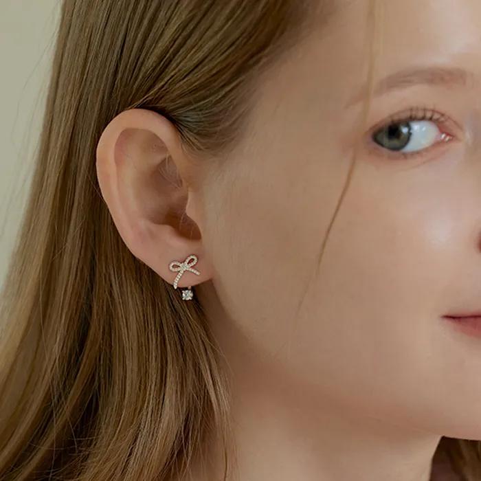 [Silver925] Dot ribbon two-way earring (Silver/Gold)
