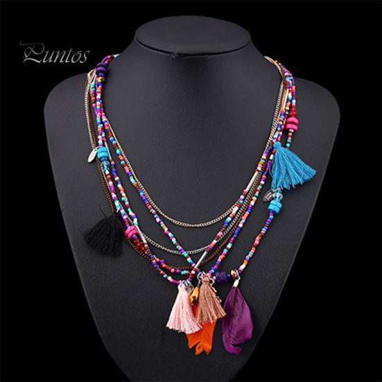 Women's Boho Ethnic Style Feathers Tassels Beads Multi-layer Chain Necklace