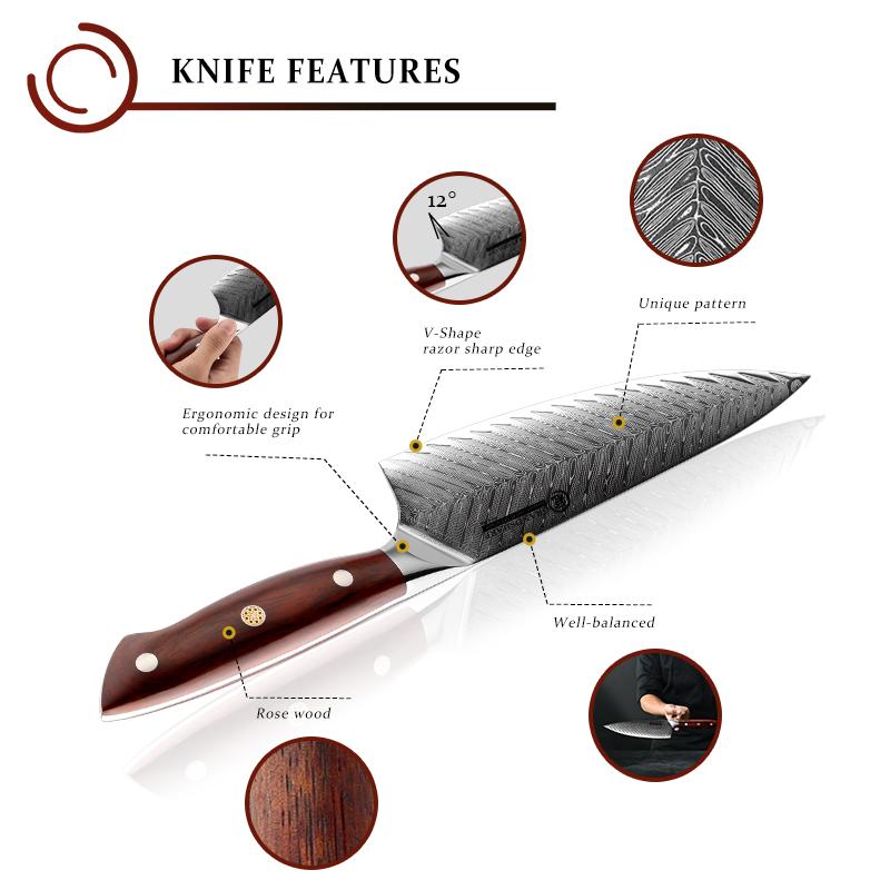 7.5 Inch Chef Knife High Carbon VG10 Japanese 67 Layers Damascus Kitchen Knife Stainless Steel Knife Rosewood Handle