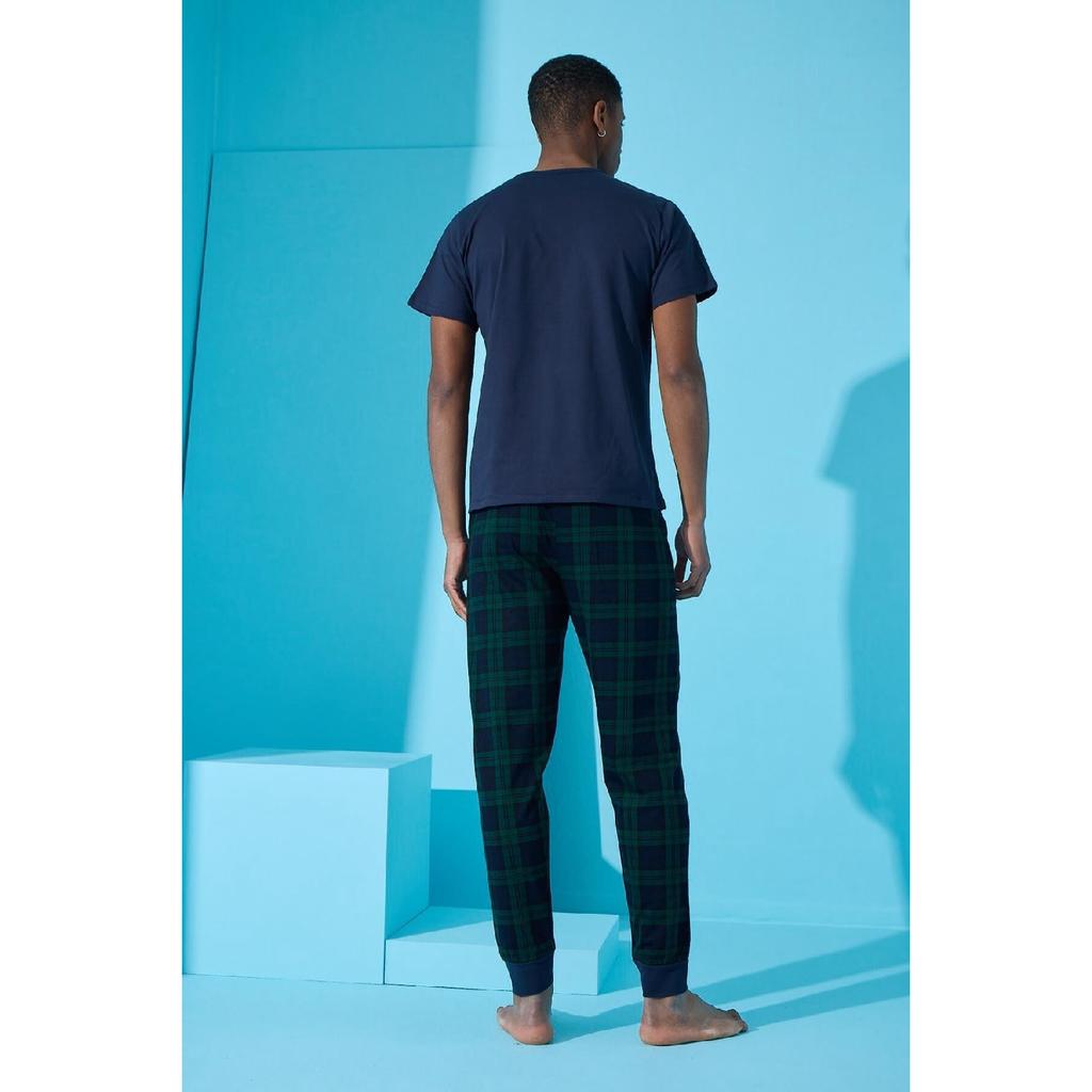 Marineblaues kurzärmliges Herren-Pyjama-Set mit Wochenend-Print