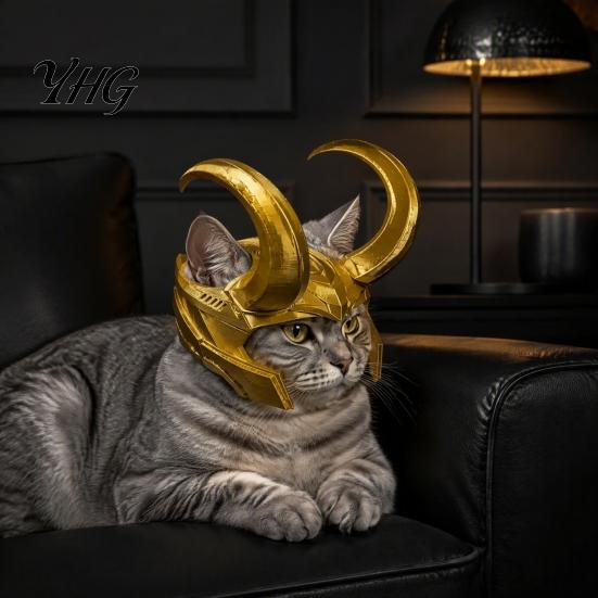 Pet Party Supplies Cat Horn Crown Helmet, Golden Headpiece, with Ear Holes, Creative Gifts for Lovers Funny Cosplay Helmet Halloween Theme Parties