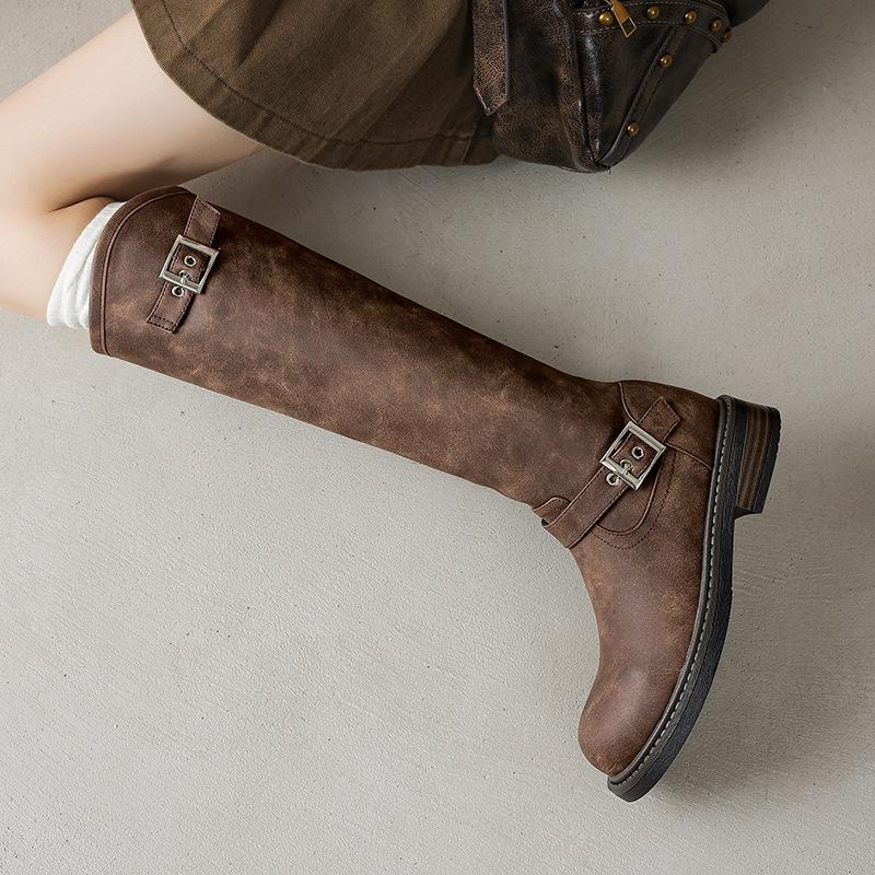 Autumn and Winter Women's Knight Boots Thick-soled New Large-size Leather Boots Round Head Low Heel Square Heel Comfortable Side Zipper High Boots