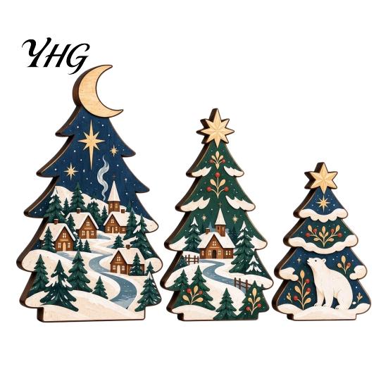 Festive Gingerbread House Decorations 3 Pcs Wooden Christmas Tree Tabletop Sign, 2D Flat Shaped Holiday Tiered Tray Decor Block Farmhouse Centerpiece