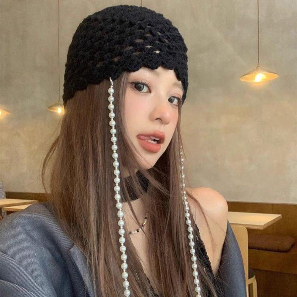 Hollow Out Crochet Knitted Hat Pearl Tassels Weave Cap Vintage Ethnic Style Hat  Outdoor