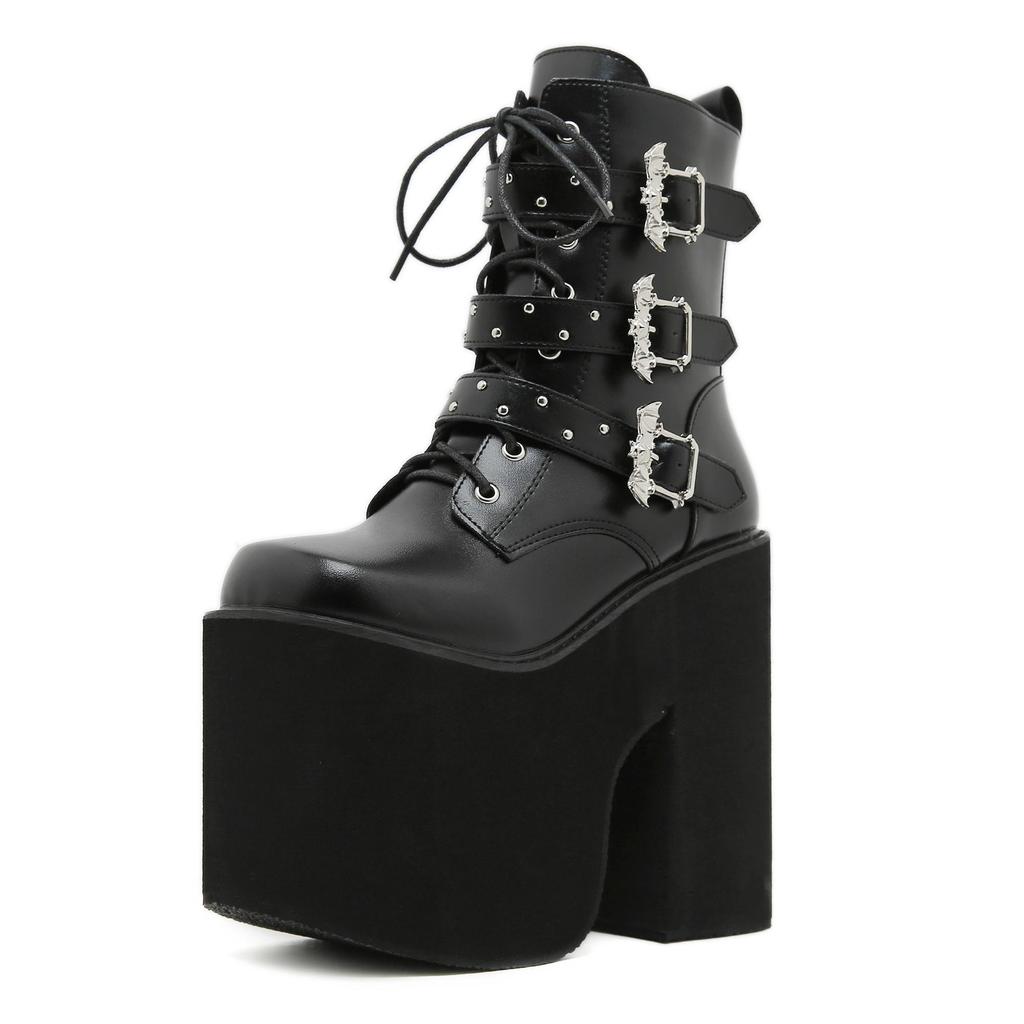 Gdgydh Stivali da donna a metà polpaccio con fibbia punk gotico, tacchi altissimi, scarpe invernali, cerniera laterale, stivali da cavaliere con suola spessa